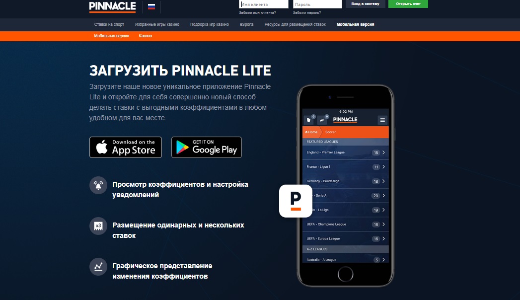 Страница загрузки мобильного приложения PinnacleLite